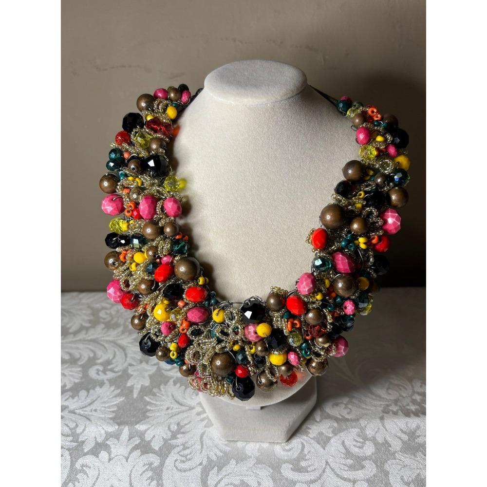 Aldo Multi Color Beaded Statement Bib Necklace Bronze Gold Tone Bold Maximalist - Picture 5 of 7